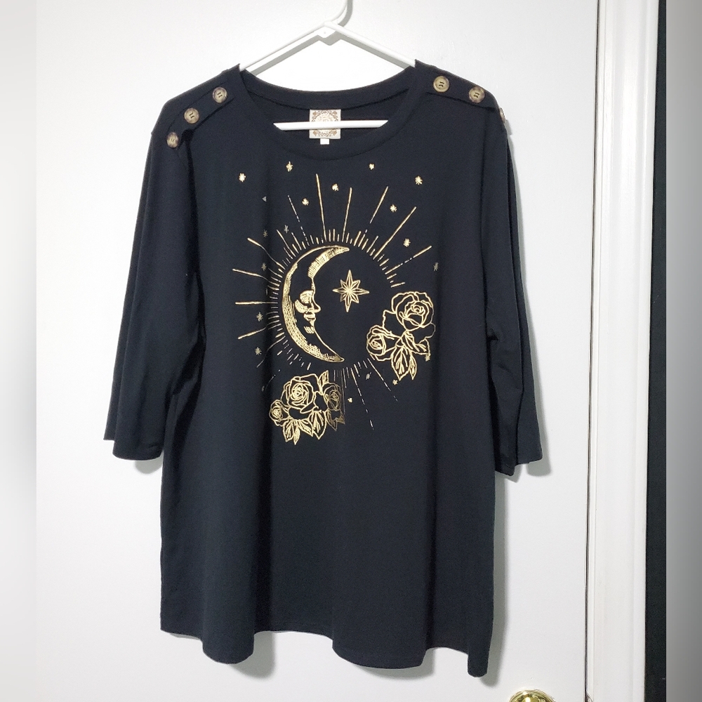 Truself Black and Gold Moon Graphic Women's Top Size 3X